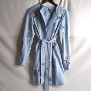 NWOT Guillaume Baby Blue Belted Jacket with Floral Embroidery, Size XS